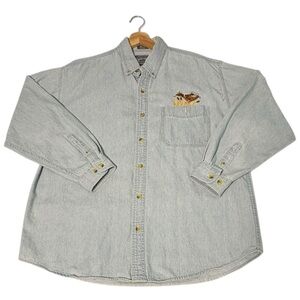Y2K All Sport All Season Denim Shirt Mens L Deer Embroidered Hunting Thrashed